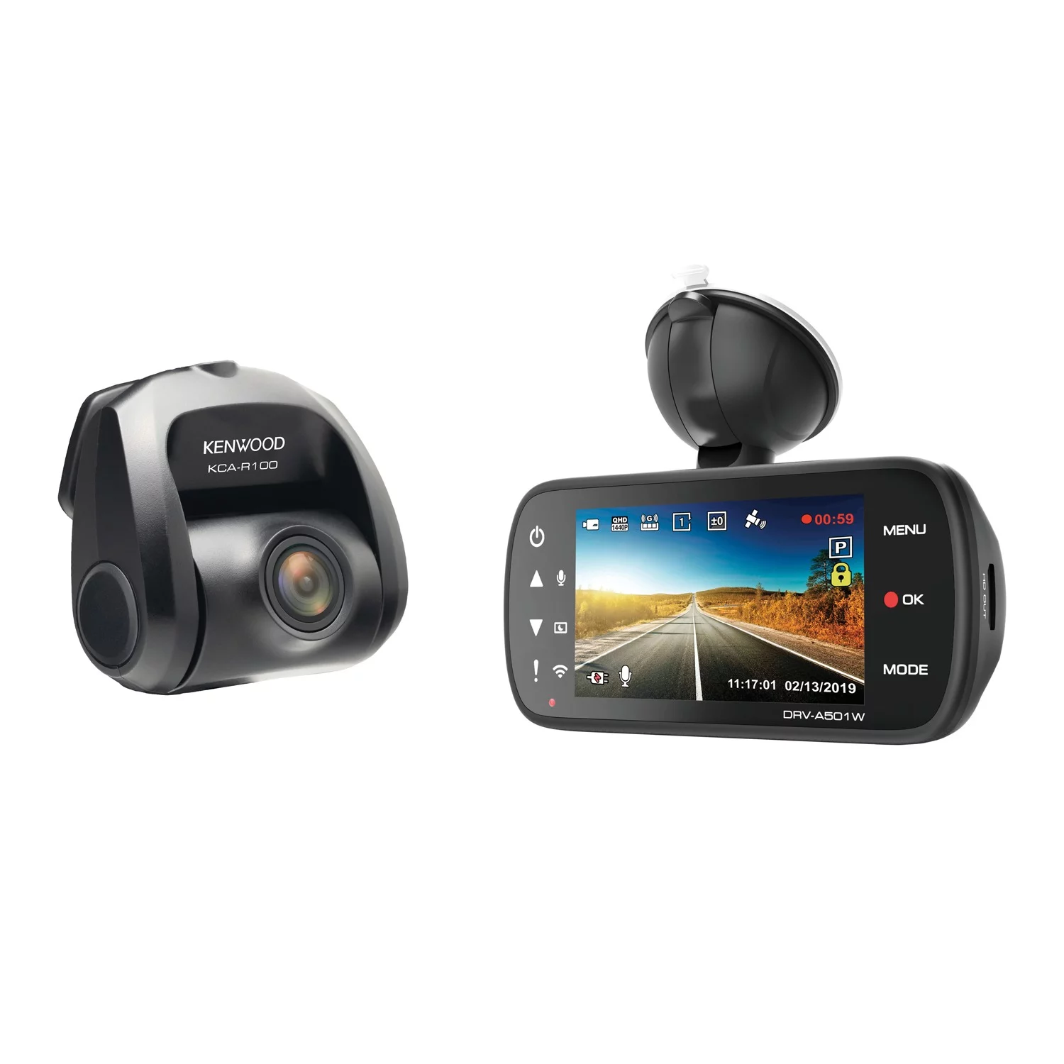 KENWOOD DRV-A501WDP Dual-Camera Wide-Quad HD Drive Recorder with 3-Inch LCD, Wi-Fi, and GPS