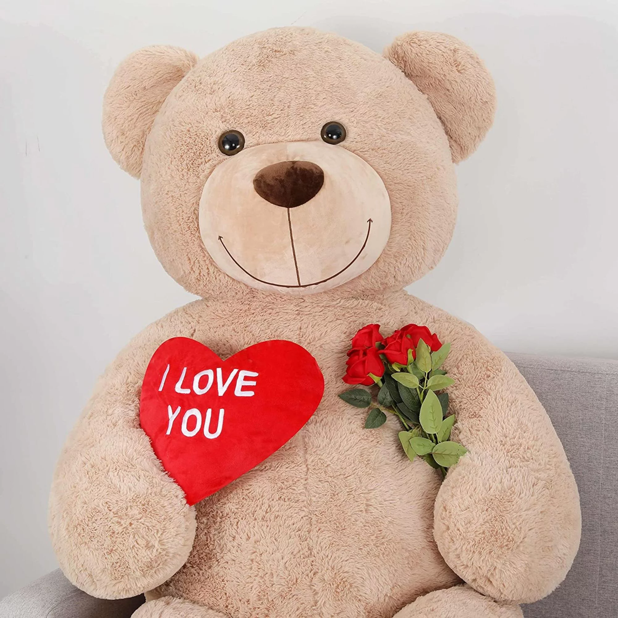 MorisMos Brown Giant Teddy Bear 6ft Stuffed Animal "I Love You" Red Heart Jumbo Human Size Teddy Bear