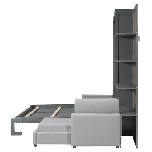 HABITRIO Queen Size Murphy Bed, Wooden Queen Murphy Bed Frame with Shelves, Wall Bed with L-Shape Sofa, Gray