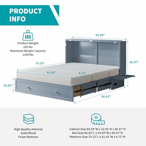 BALUS Queen Murphy Bed Cabinet, Murphy Beds with USB Charging Station, Foldable Mattress