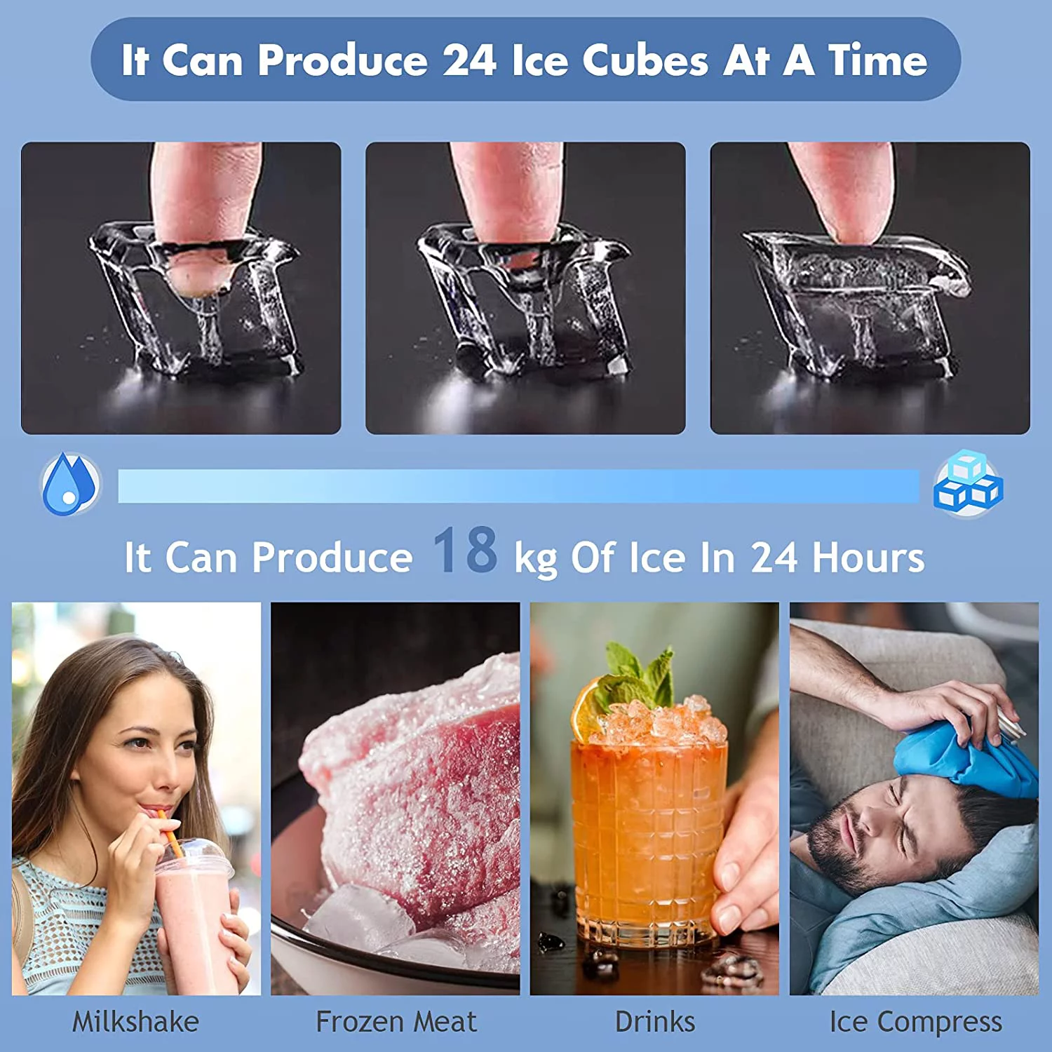 Countertop Ice Maker Machine, 45 Lbs/24H, 24 Pcs/13 Mins, 2 Ways to Add Water, Compact Ice Machine with Ice Scoop & Basket