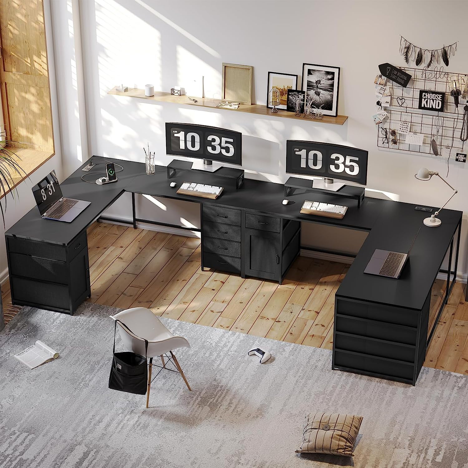 L Shaped Desk with 5 Drawer and Power Outlet, 63" Reversible Computer Desk with Monitor Shelf, Storage Cabinet, Black