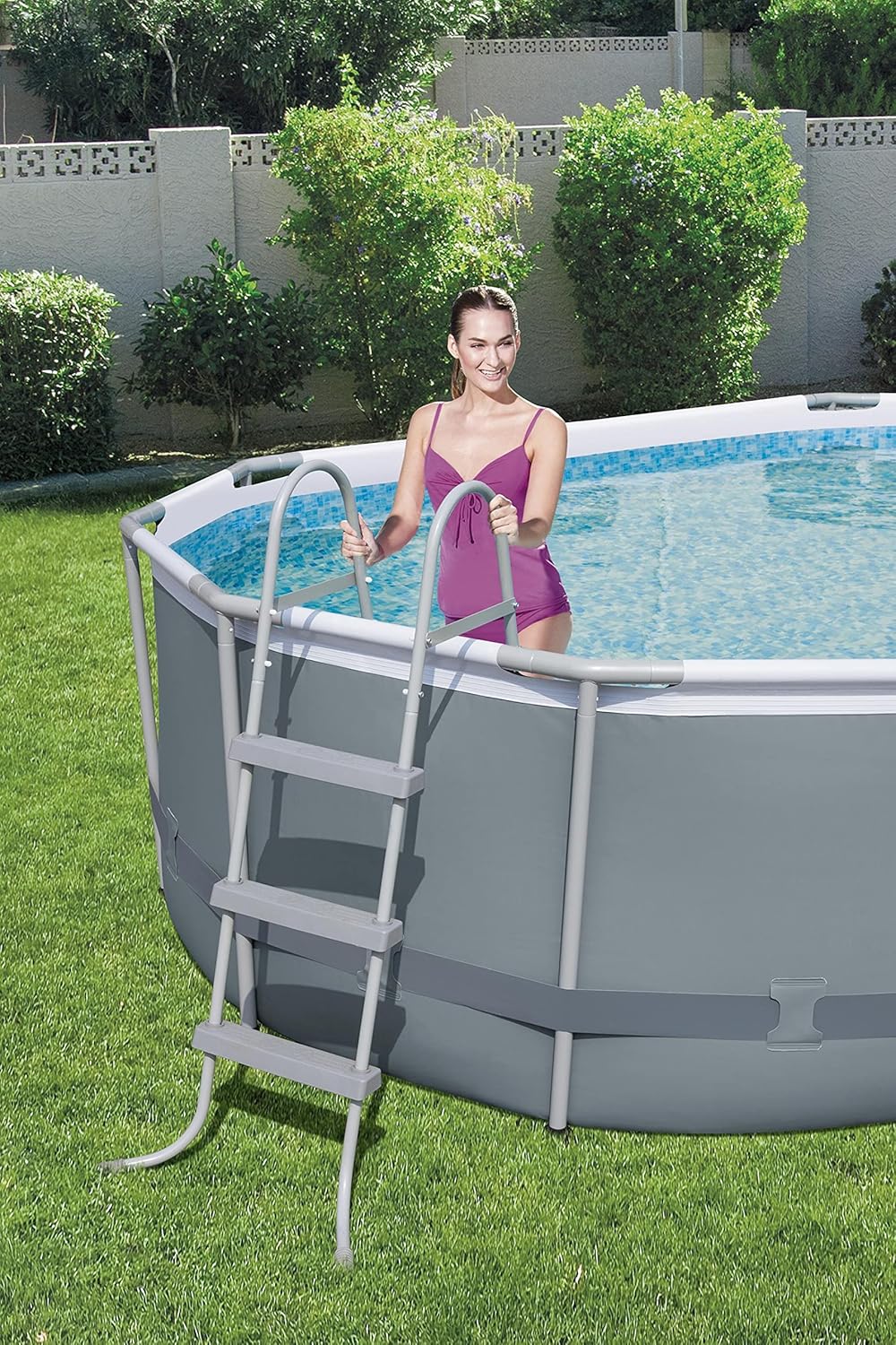 Bestway 56711E Power Steel 18' x 9' x 48 Outdoor Oval Frame Above Ground Swimming Pool Set with 1500 GPH Cartridge Filter Pump, Cover, & Ladder, Gray