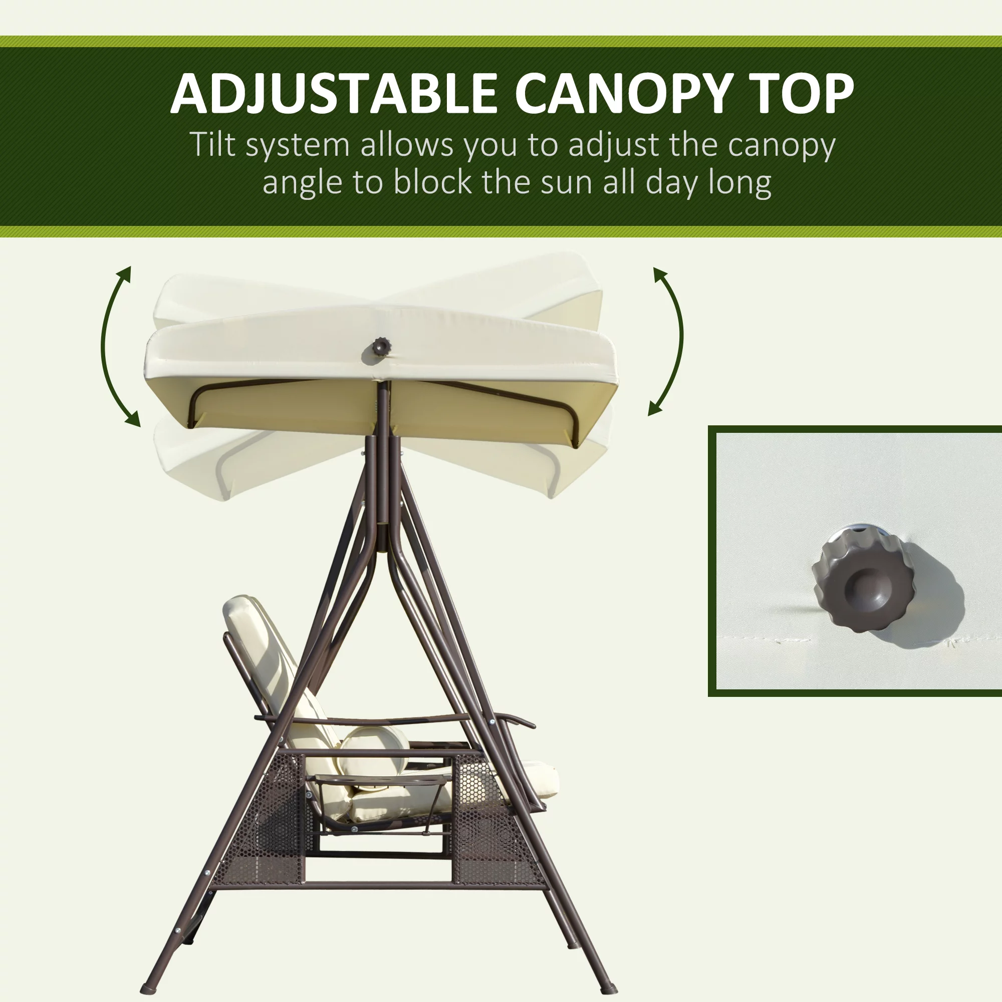Outsunny 2-Person Patio Swing Bench with Adjustable Shade Canopy, Soft Cushions, Throw Pillows and Tray, Beige.