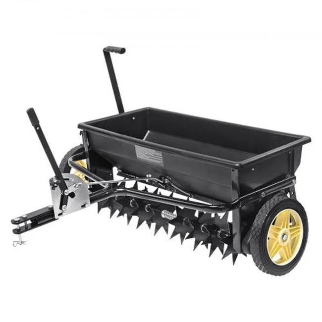 Vevor  100 lbs Tow Behind Poly Drop Broadcast Spreader with 10 in. Wheel Steel Spike Aerator, Black - Curated Treasures Market