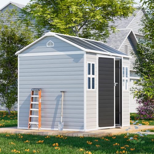 Outdoor Resin Storage Shed with Floor 8x6x7 FT Waterproof Wider Door Outside Plastic Sheds Kit for Backyard Garden Patio Lawn Tools, Gray