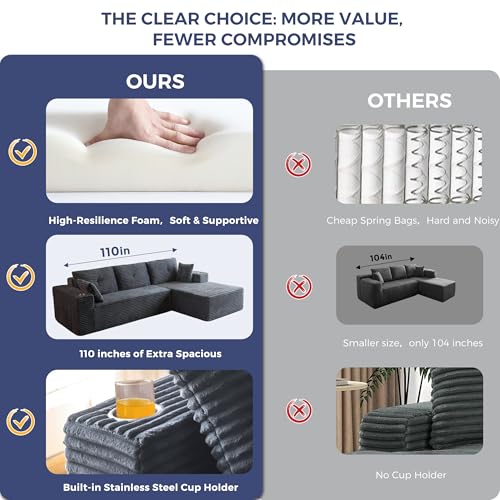 MAXYOYO 110" Modular Sectional Couch with L-Shape Chaise, Modern Boneless Couch for Living Room, Sofa in A Box, Oversized Sofa Sleeper with Deep Seat