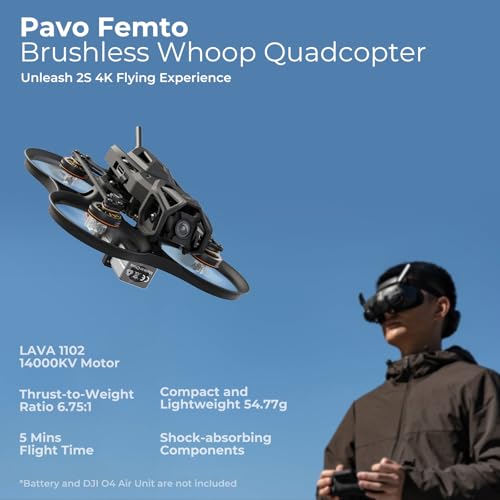 BETAFPV Pavo Femto Brushless Whoop Quadcopter, 2S Pocket Drone with HD VTX Bracket for DJI O4 Air Unit, F4 2-3S 20A FC, LAVA 1102|14000KV Motor