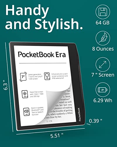 Pocketbook Era E-Reader, Stardust Silver, 16GB | 7ʺ Glare-Free & Eye-Friendly Touch-Screen with E -Ink Technology | Waterproof | Text-to-Speech