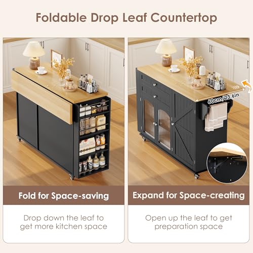 FINETONES Kitchen Island with Storage, Rolling Kitchen Island on Wheels with Wood Drop Leaf Countertop