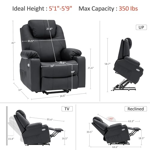 MCombo Power Lift Recliner Chair for Elderly, Lift Chair with Heat and Massage, FSC Certified, USB Ports, Cup Holders, Faux Leather 7040 (Black