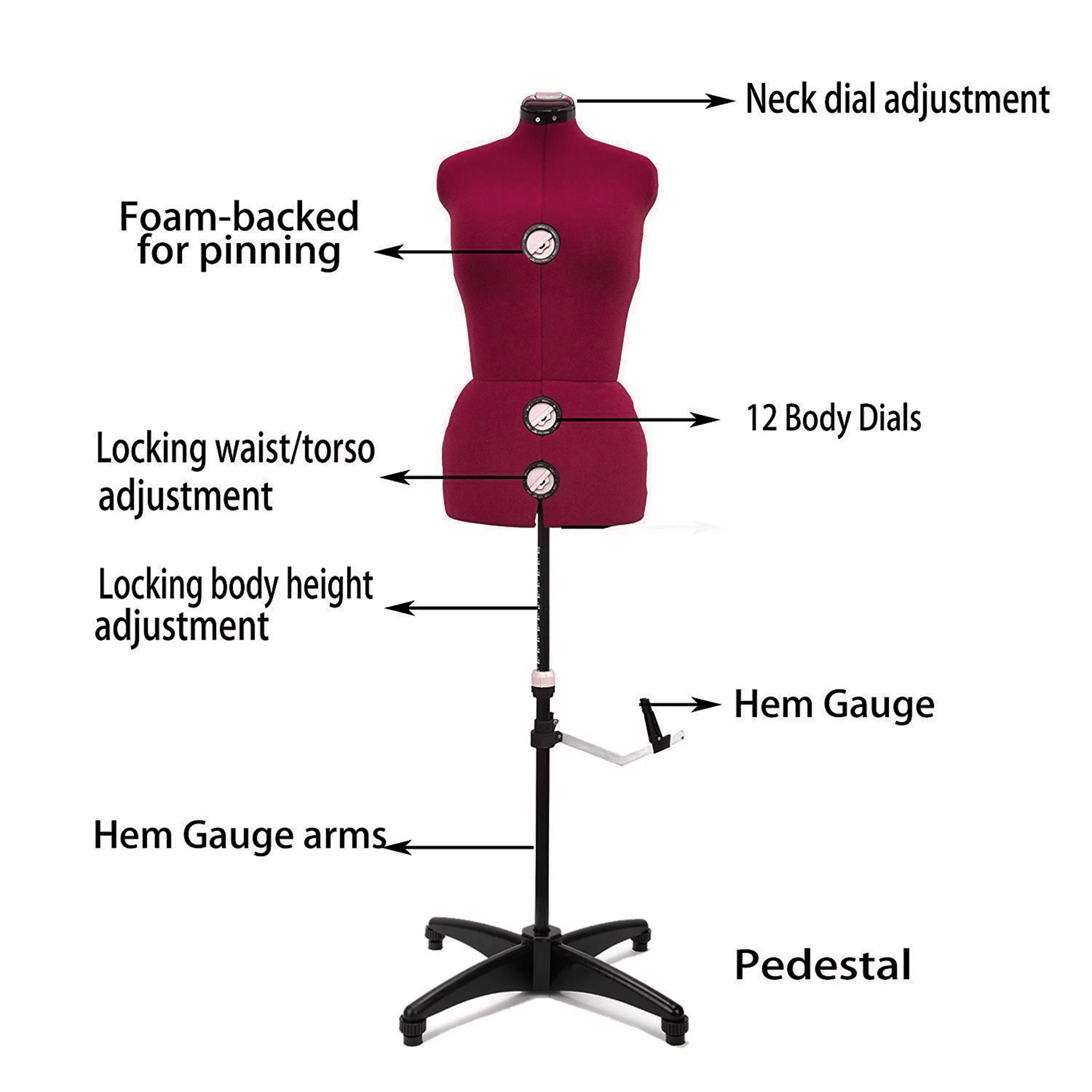 GEX Burgundy Female Fabric Adjustable Mannequin Dress Form for Sewing Women's Mannequin Body Torso with Stand Large - Curated Treasures Market