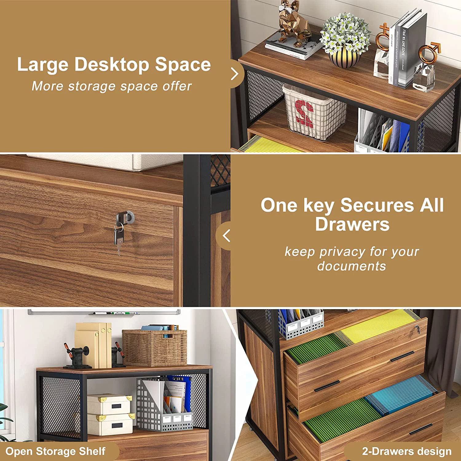 2-Drawer Lateral File Cabinets Legal Size, Large Filing Cabinet with Lock, Printer Stand with Open Storage Shelves for Study, Home Office (Walnut)