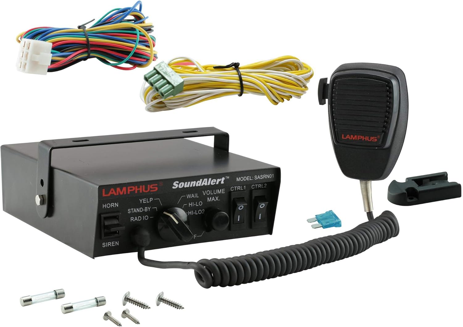 SoundAlert 12V 100W Police Siren PA System Amplifier Controller [Handheld Microphone] [Hands-Free] [2 x 20A Switches] Warning Emergency Siren for