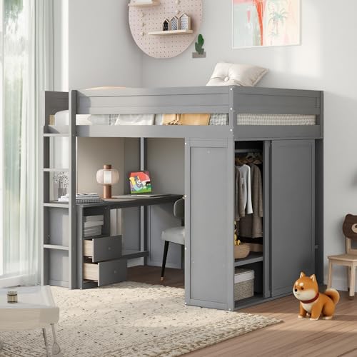 Full Size Loft Bed with L-Shaped Desk, Wardrobe and Storage Shelves, Solid Wood Bedframe w/Safety Guardrails & Ladder for Kids Teens Adults