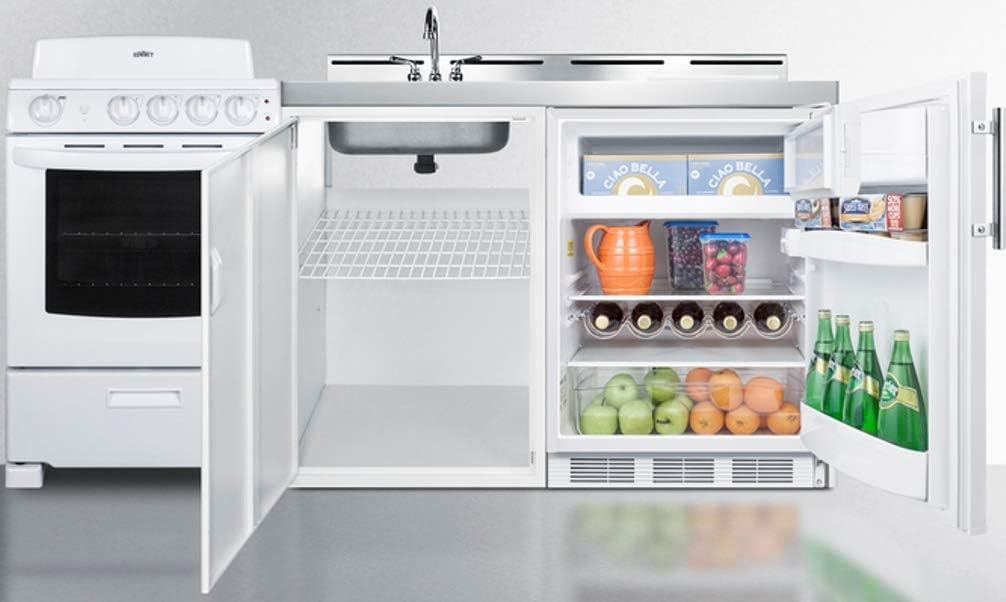 Summit Appliance ACK72COILW 72" Wide All-in-One Kitchenette with 220V 4-Element Electric Coil Range, Refrigerator-Freezer, Sink
