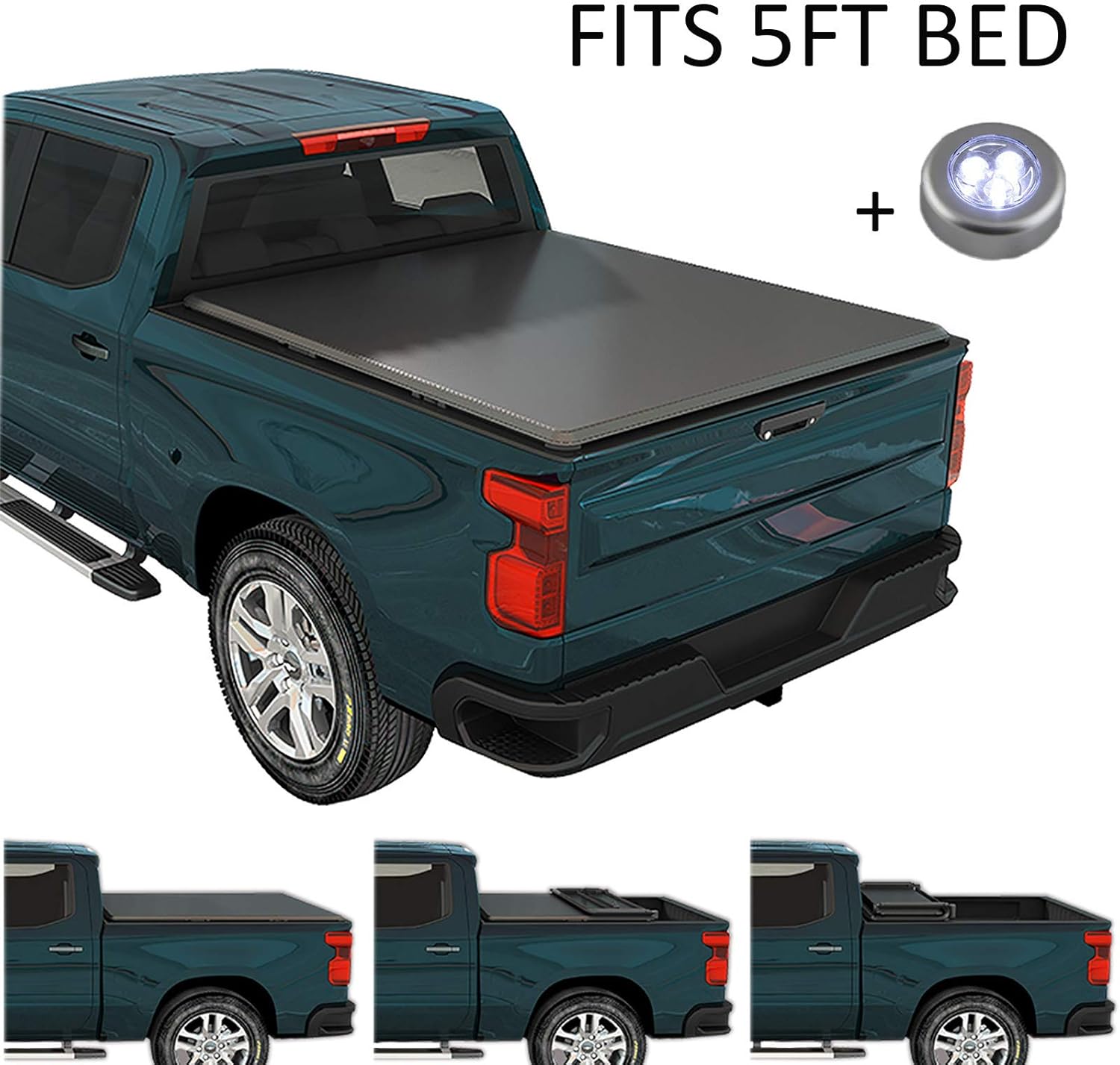 CARMOCAR Hard Tri-Fold Tonneau Cover | 5FT Short Bed | Pickup Truck Bed Covers for Nissan Frontier 2005-2021 | Truck Bed Cover Accessories with Led