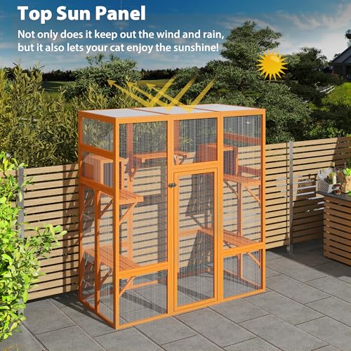 COZIWOW 70Inches Large Stable Spacious Wooden Catio Outdoor Cat Enclosure with Perches and Condos, Cat Cage Indoor with Waterproof Roof