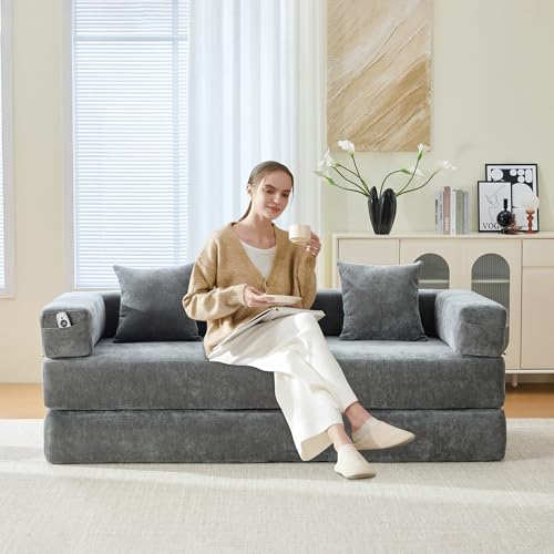 Convertible Sleeper Sofa Bed with Cylindrical Pillow, Corduroy Folding Mattress Couch with Fixed-Shape Frame