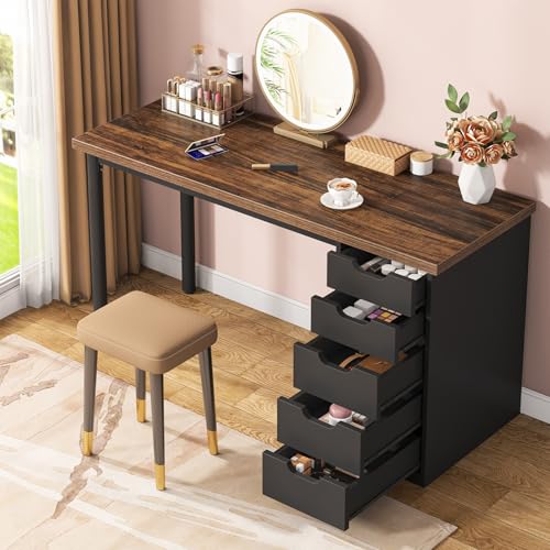 Tribesigns 47 inches Vanity Desk with 5 Drawers, Rustic Brown Makeup Vanity Table Dressing Table with Storage, Modern Simple Computer Desk for Women
