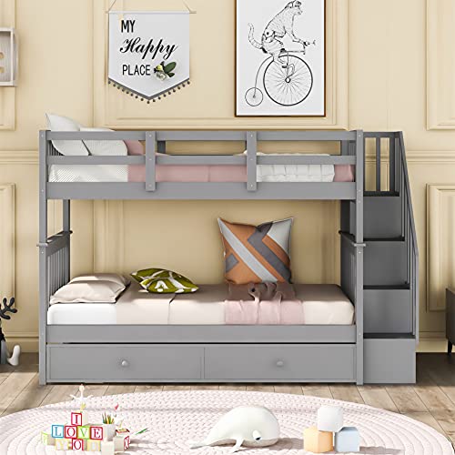 Harper & Bright Designs Twin Over Twin Bunk Bed with Stairs and Trundle, Solid Wood Stairway Bunk Bed Frame with Storage