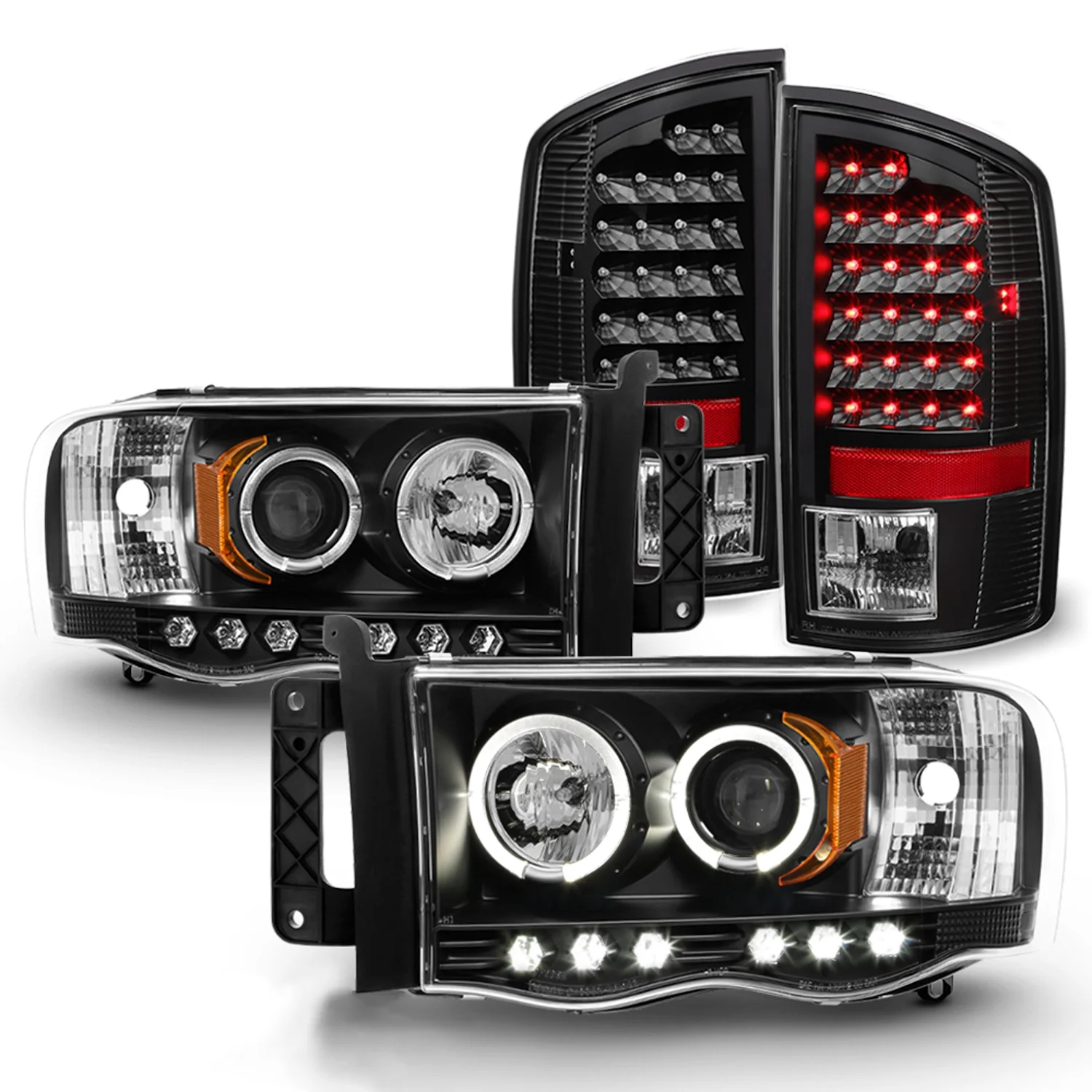 AKKON - For 2003-05 Dodge Ram + 2002 Ram 1500 Black Housing Dual Halo DRL Projector LED Headlights + Tail Lamps - Radiant Selections