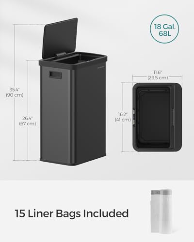 SONGMICS Motion Sensor Trash Can, 18-Gallon (68L) Automatic Kitchen Garbage Can with Stay-Open Lid, Soft Close, Stainless Steel