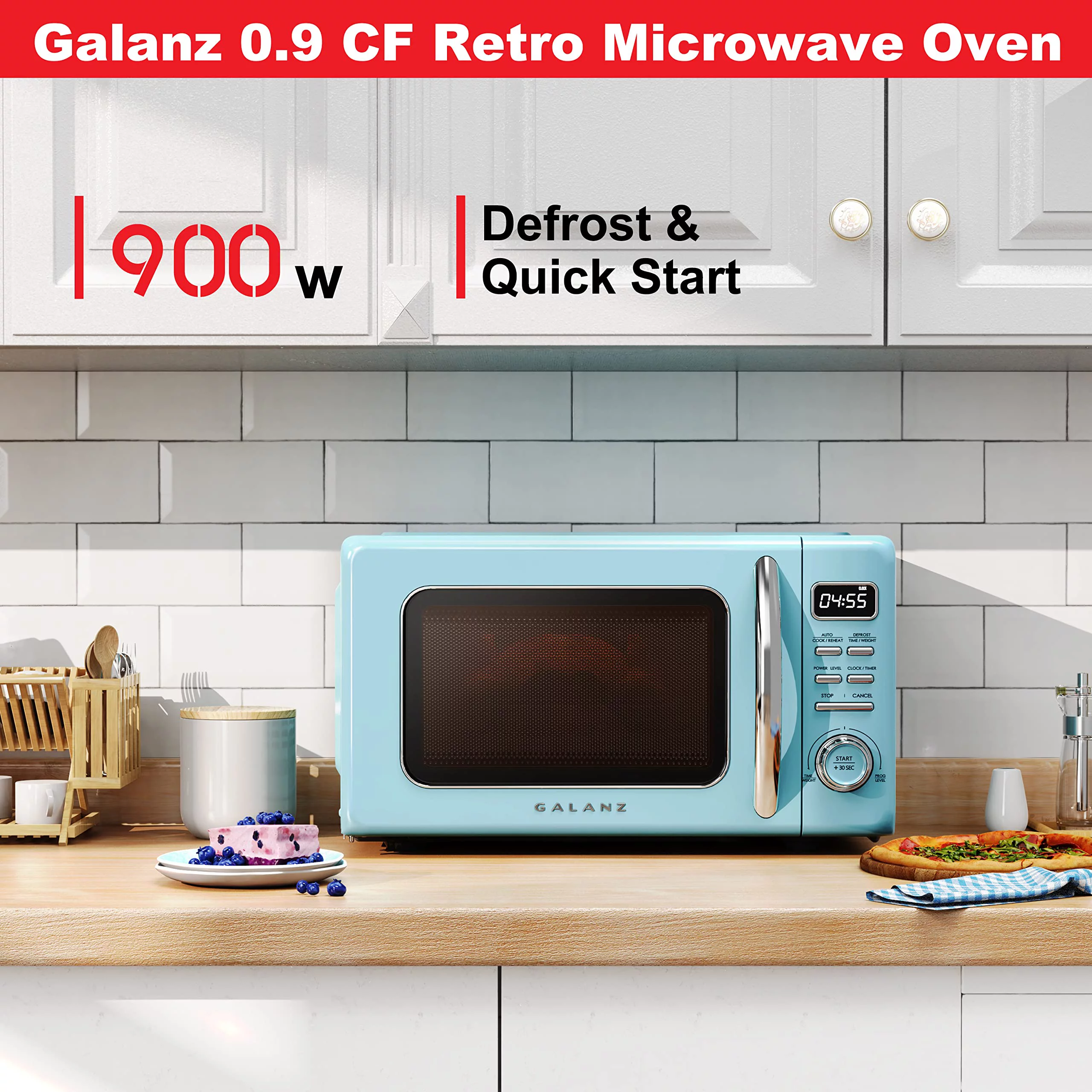 Galanz GLCMKZ09BER09 Retro Countertop Microwave Oven with Auto Cook & Reheat, Defrost, Quick Start Functions, Easy Clean with Glass Turntable