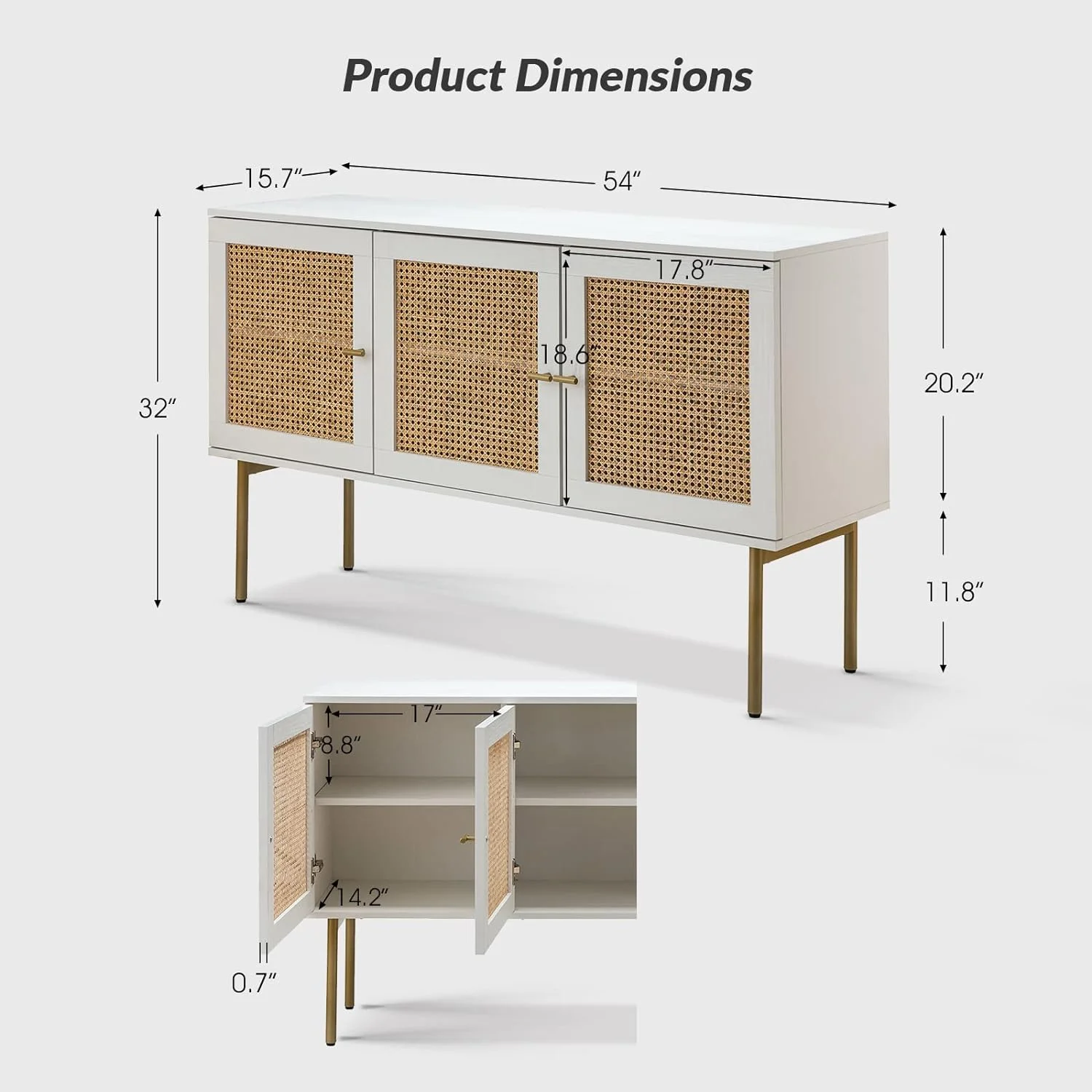 Sideboard Buffet Cabinet,Kitchen Accent Storage Cabinet With Adjustable Shelves & 3 Rattan Decor Doors