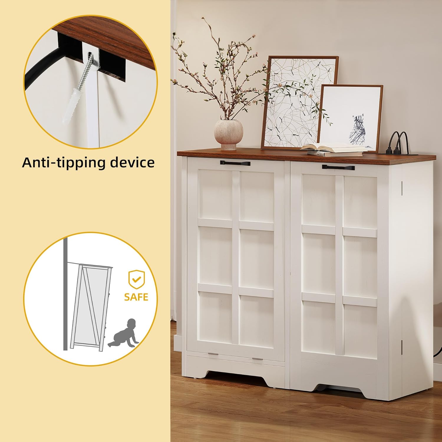 DWVO Tilt Out Trash Cabinet, 13 Gallon Cabinet Trash Can with Outlet/Adjustable Shelves, Hidden Pull Out Trash Bin Cabinet