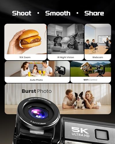 5K Video Camera Camcorder, UHD 64MP Vlogging Camera for YouTube with 3" 270&deg; Rotatable Touch Screen, Digital Camera with IR Night Vision