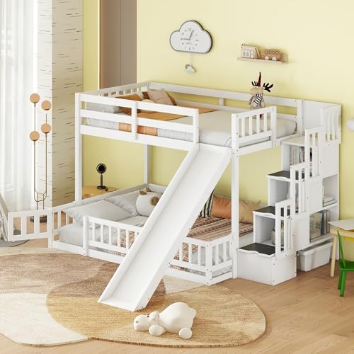 Bunk Beds Twin Over Full Size, Pine Solid Wooden Bunk Bed with Slide, Storage Staircase, Safety Guardrails for Kids, White