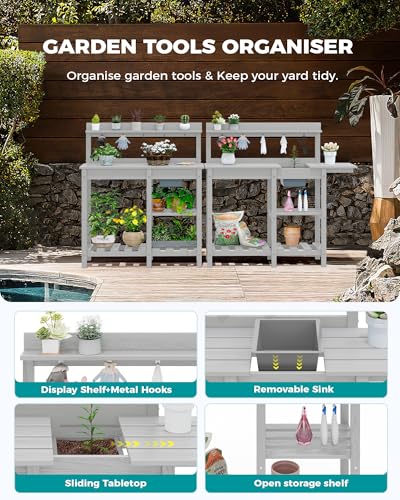 SERWALL Potting Bench Outdoor Potting Table with Sink, HDPE Potting Benches for Outside Gardening Table All Weather Use- Black
