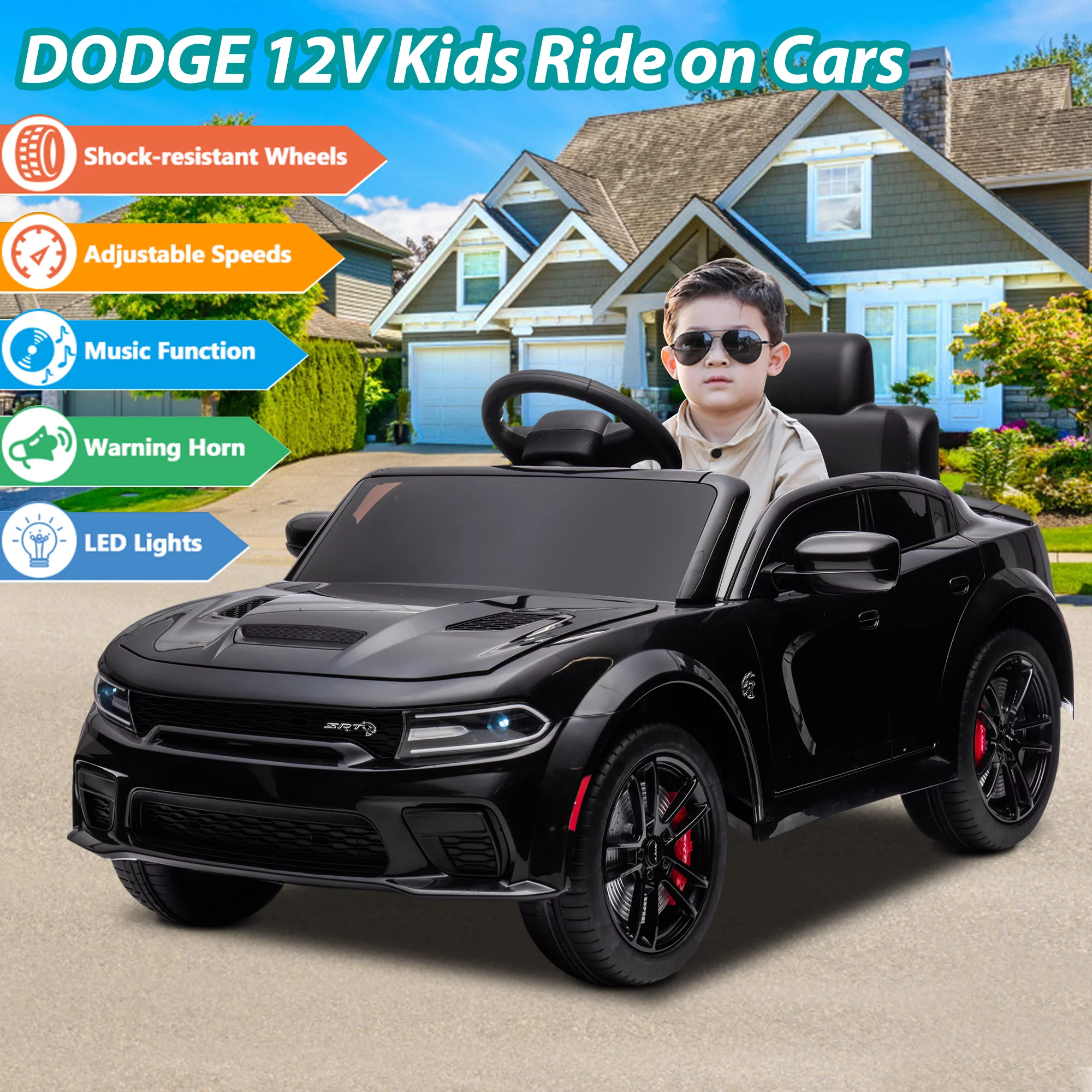 iRerts 12V Black Dodge Charger Ride On Cars with Remote Control, Kids Ride on Toys with Bluetooth, Music, LED Light, USB, MP3, 4 Wheel Suspension