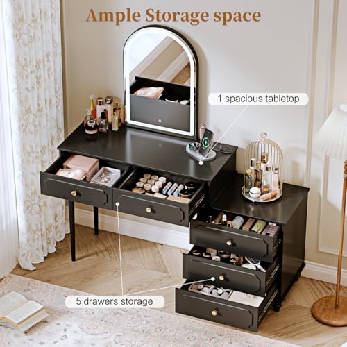 Black,Vanity Desk with Mirror and Lights,Makeup Vanity with Power Outlet and Adjustable Cabinet