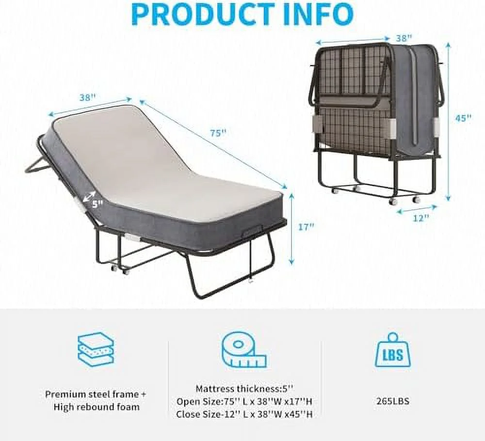 HOOMHIBIU Folding Bed with 5 Inch Mattress | Full Size Portable Bed with | 75 x 46 Space Saving Fold Up Bed | Foldable Bed Frame with 4 Lockable