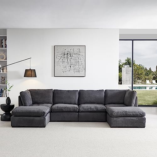 129" Convertible Sectional Sofa Couch for Living Room U Shaped Sofa Couch Cloud Sofa Modular Sectional Sofa Couch with Ottoman Feather Filled for