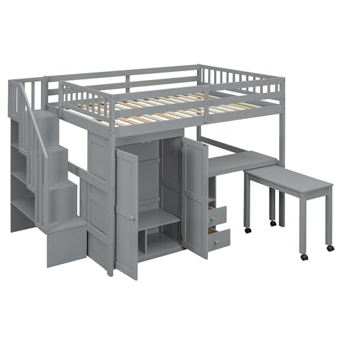 Harper & Bright Designs Twin Size Loft Bed with Stairs and Bookshelf, Wood Twin Storage Bed with Desk & Wardrobe