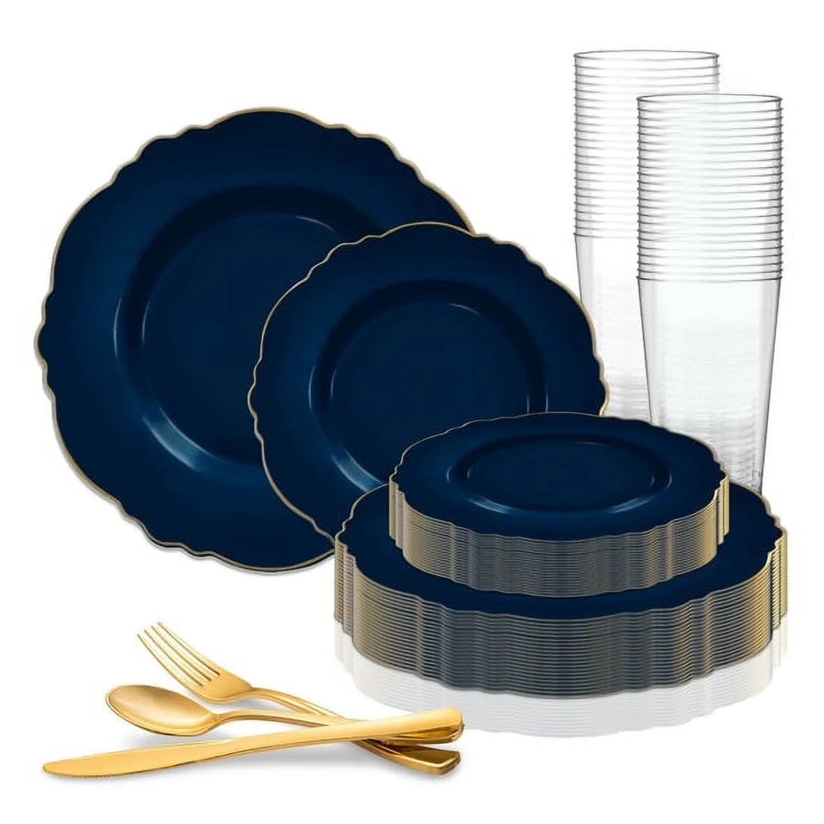Smarty Navy with Gold Rim Round Blossom Disposable Plastic Wedding Value Set (60 Guests)