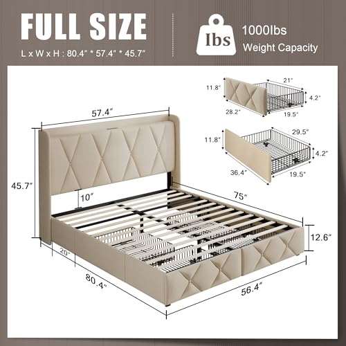 Queen Bed Frame with 4 Storage Drawers and Charging Station, Upholstered Platform Bed Frame with Storage Headboard, No Box Spring Needed