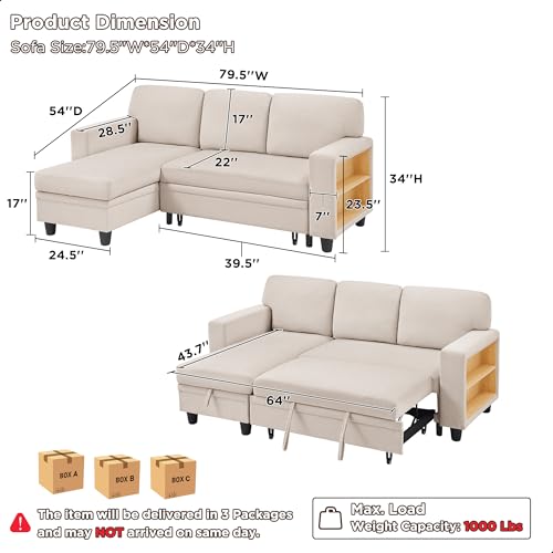 RedLemon 80” Sleeper Sofa Bed,L-Shaped Convertible Sectional Couch with Storage Chaise,2 Built-in Bookshelves and USB Charging Port