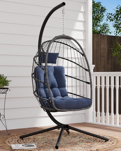SWITTE Egg Chair Outdoor with Stand, Indoor Wicker Hanging Egg Swing Chair with Cushion, 350lbs Capacity for Patio, Bedroom, Garden - Gray