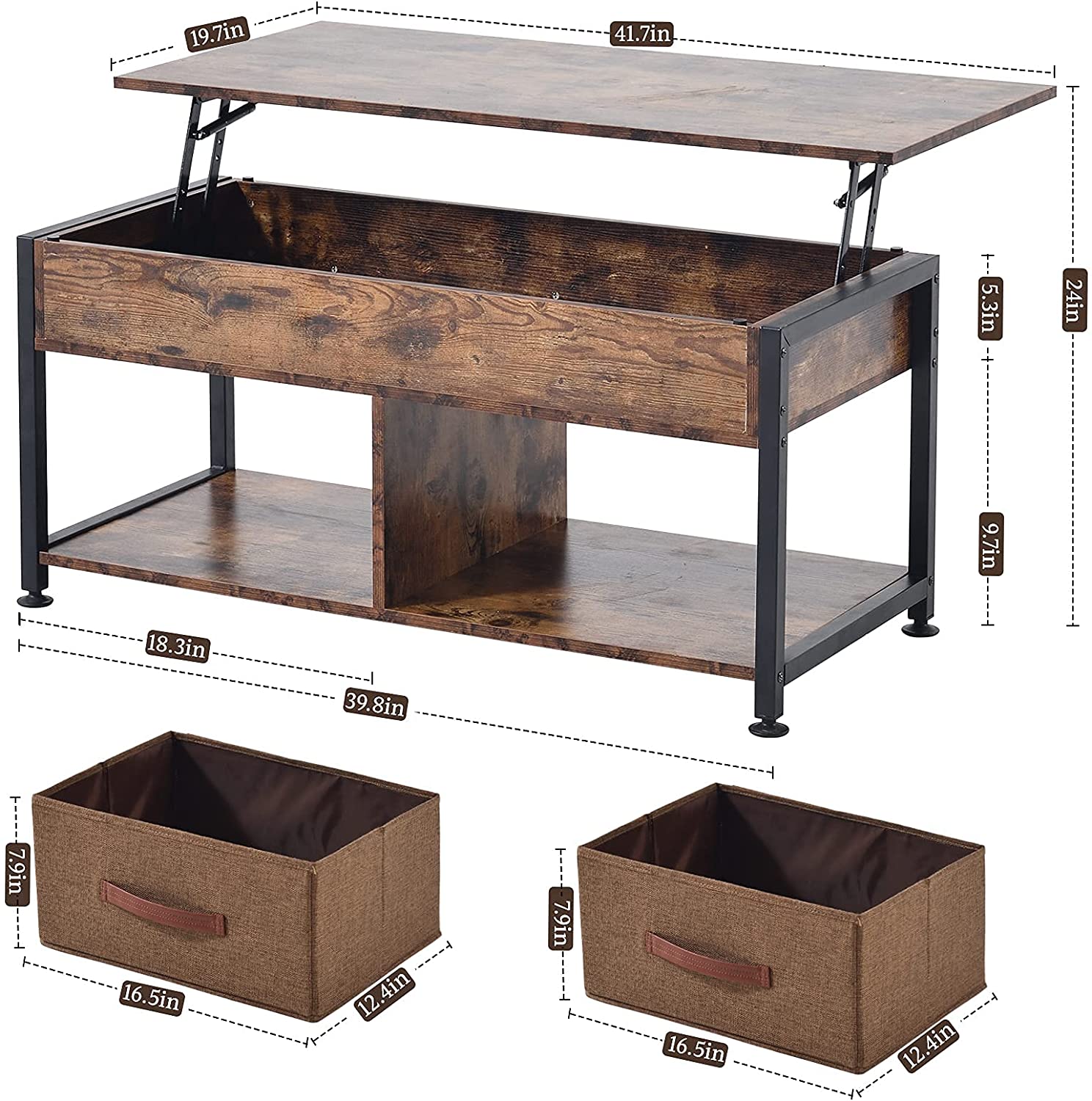Lift Top Coffee Table, Coffee Table with 2 Storage Boxes & Hidden Compartment, Center Table for Living Room, with Storage Shelf and Metal Frame