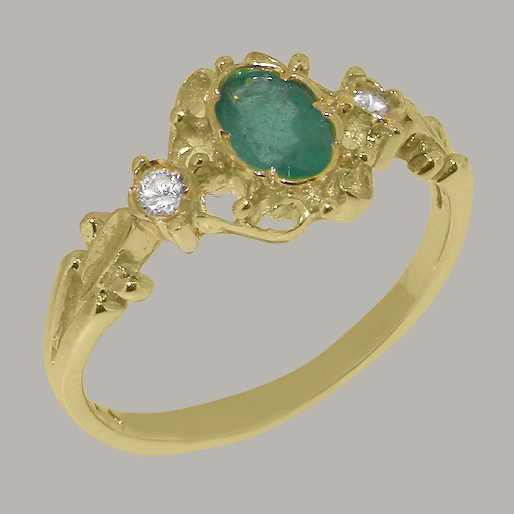 LBG British Made 9k Yellow Gold Natural Emerald & Diamond Womens Engagement Ring - 33 size options - Size 8.5