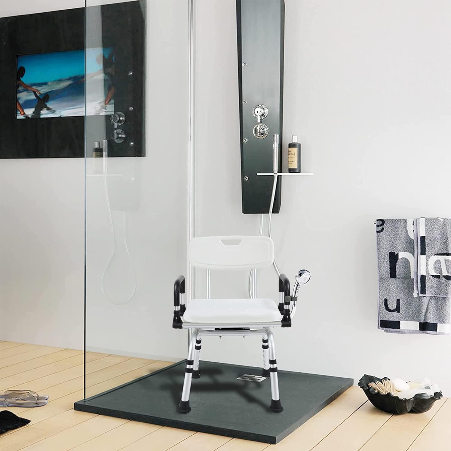 REAQER Swivel Shower Chair 360° Pivoting Bathtub Seat with Arms and Back Narrow Bath Bench for Seniors,Elderly