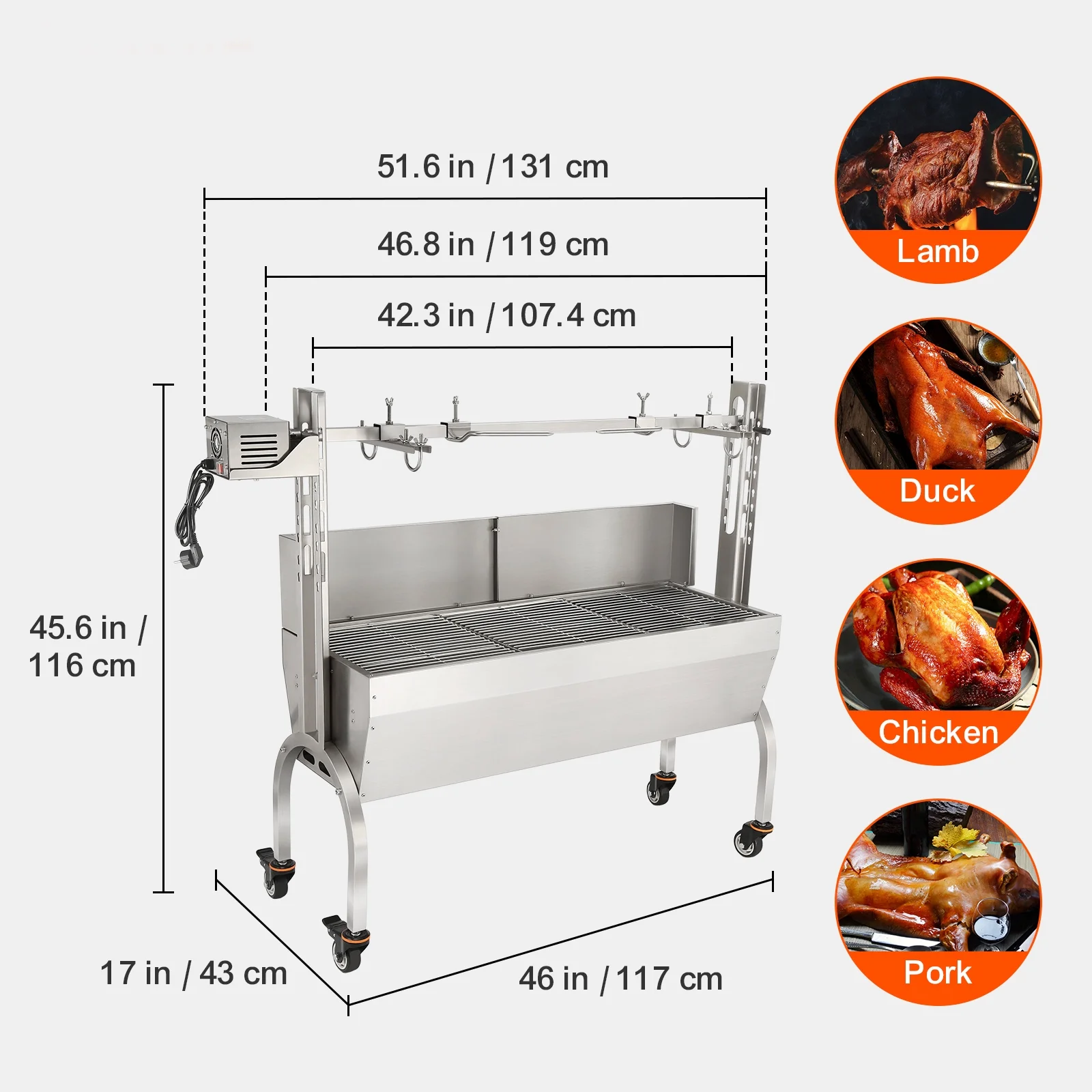 SKYSHALO Roaster Spit Rotisserie BBQ Grill Pig Lamb Chicken Roaster 46 inches 50W 60KG