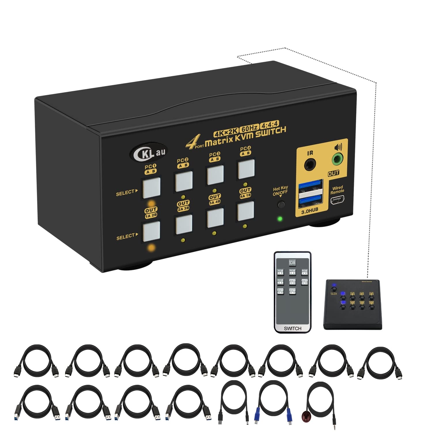 CKLau KVM Switch HDMI 4 Port with USB Hub, Audio and 4 KVM Cables, 4 Port HDMI KVM Switch Support 4K@60Hz 4:4:4