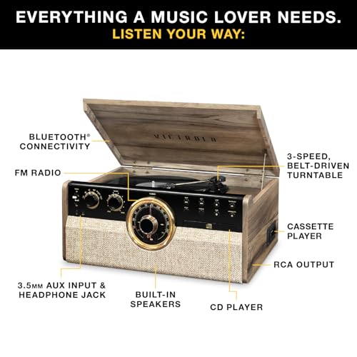 Victrola The Empire Mid-Century 6-in-1 Turntable & Multimedia Center with Built-in Speakers – 3 Speed, Bluetooth Connectivity, Radio
