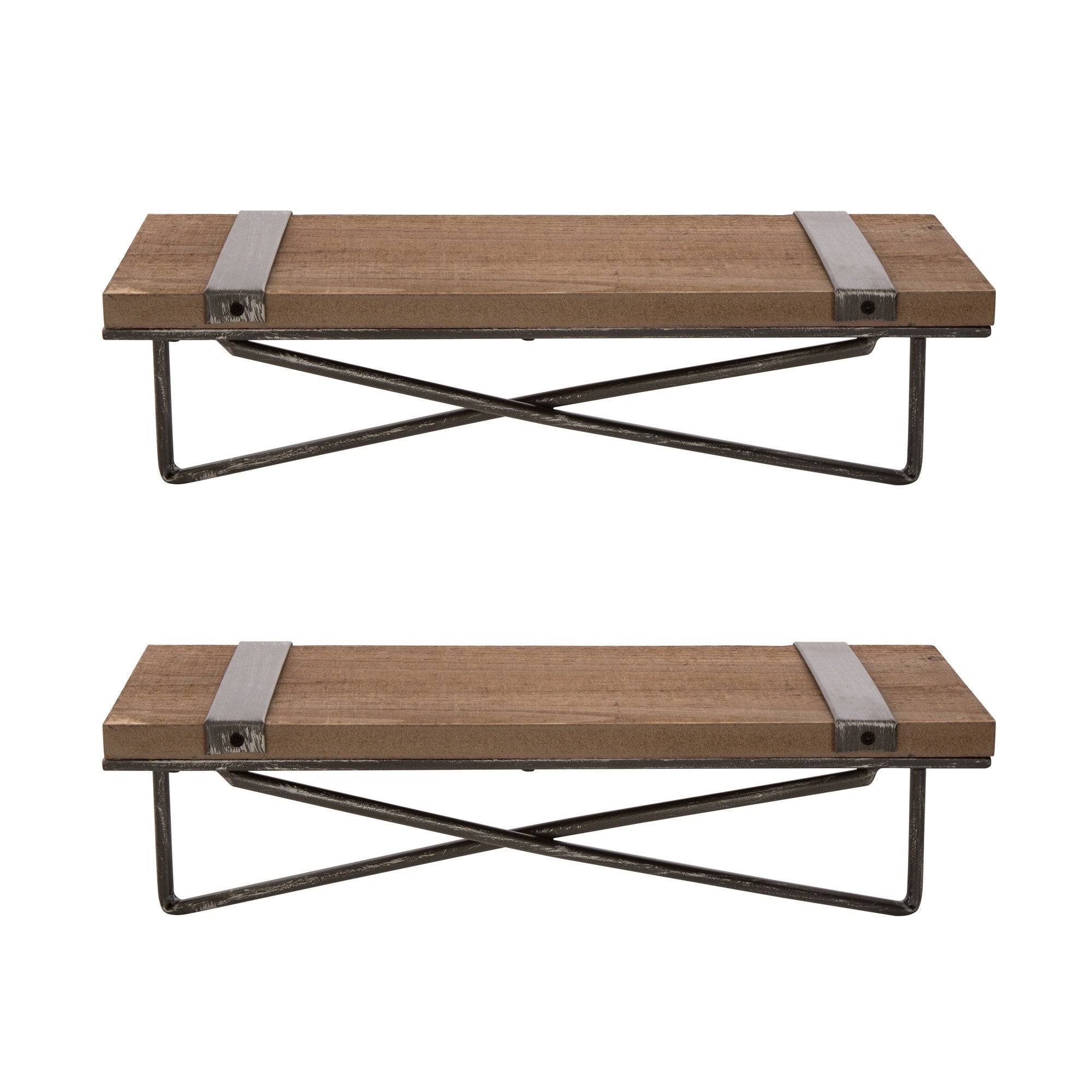 Glitzhome Farmhouse Rustic Metal Wooden Wall Shelf Set of Two - Large and Small