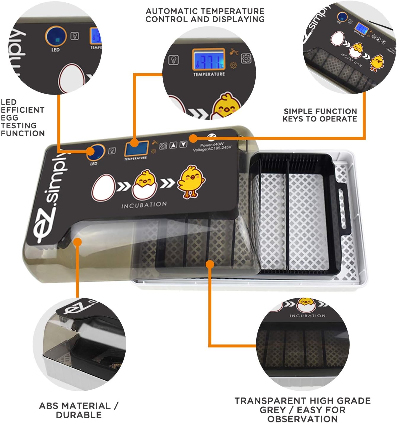 EZ.SIMPLY Egg Incubator - All-in-One Egg Incubators for Hatching Eggs with Automatic Egg Turning, Heat and Humidity Control - Chicken Egg Incubator